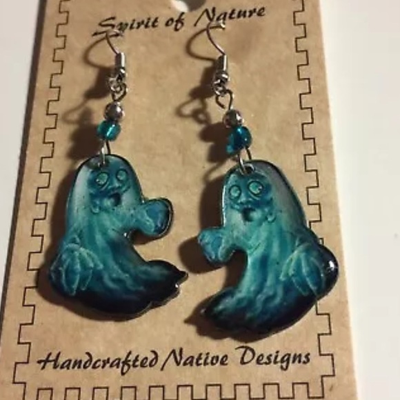 Halloween Earrings Friendly Ghost Ectoplasm Blue Acrylic Beads - Picture 2 of 4